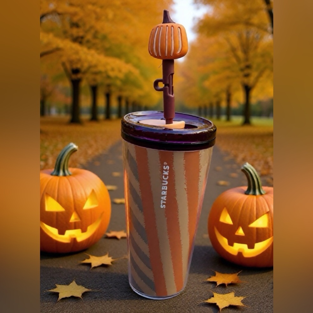 2025 Starbucks Fall Halloween Orange Pumpkin Topper Hot/Cold Cup Tumbler